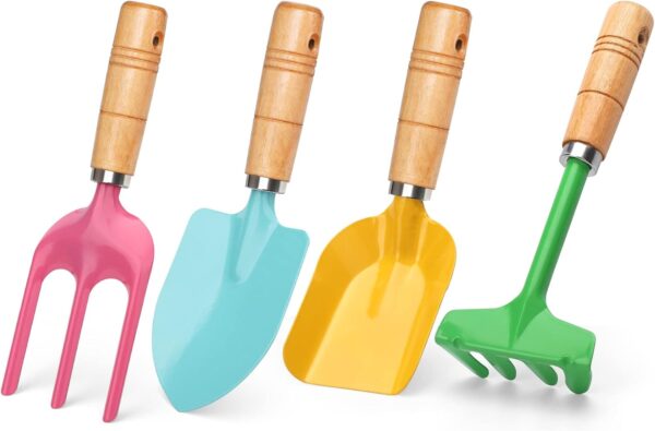 Beach Toy Scoop Sand Spade, Kids Small Garden Tool Set Toy, Rake, Spade, Hoe and Leaf Rake, Beach Shovels Spade Toy, Stainless Steel Sturdy Sandbox Kit Essential Beach Gear Accessories, 4 Pack