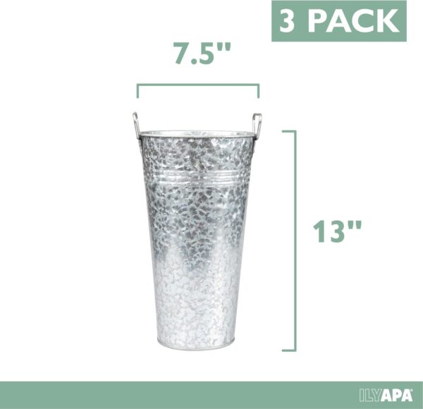 Galvanized Metal Flower Vase 3 Pack - 13" Tall Rustic Farmhouse Bucket Planter Pots - Image 2