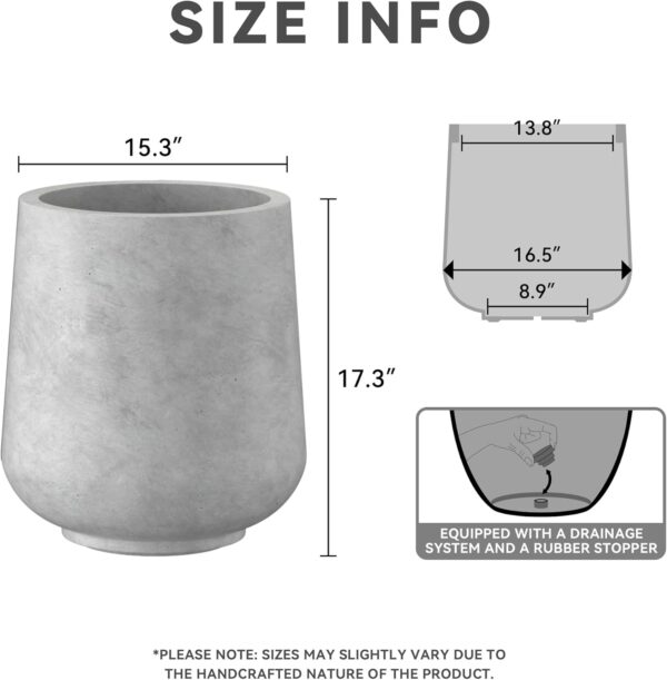 15.3" Dia Round Concrete Planter, Outdoor Indoor Large Plant Pots Containers with Drainage Hole and Rubber Plug for Home Garden Patio, Gray Concrete - Image 2
