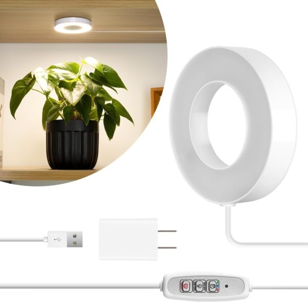 Grow Light for Indoor Plants, 48 LEDs Ceiling Full Spectrum Plant Light, 5V Corded Growing Lamp with 4/8/12H Auto Switch, 4 Dimmable Brightness Levels, Ideal for Small Plants