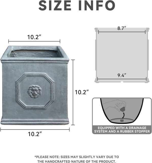 Square Lion Head Concrete Planter, Classic English Style Plant Pot with Drainage Hole and Rubber Plug for Indoor Outdoor Garden Patio Home, 10.2"x10.2"x 10.2" Antique Gray - Image 2