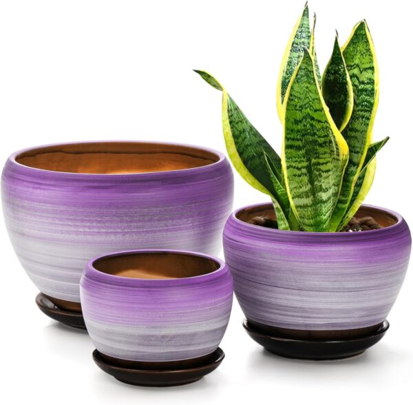 Set of 3 Ceramic Flower Pots, Gardening Plant Pot with Drainage Holes and Saucer, 7/5/4 inch Purple Round Succulent Herbs Cactus Planter for Indoor Outdoor