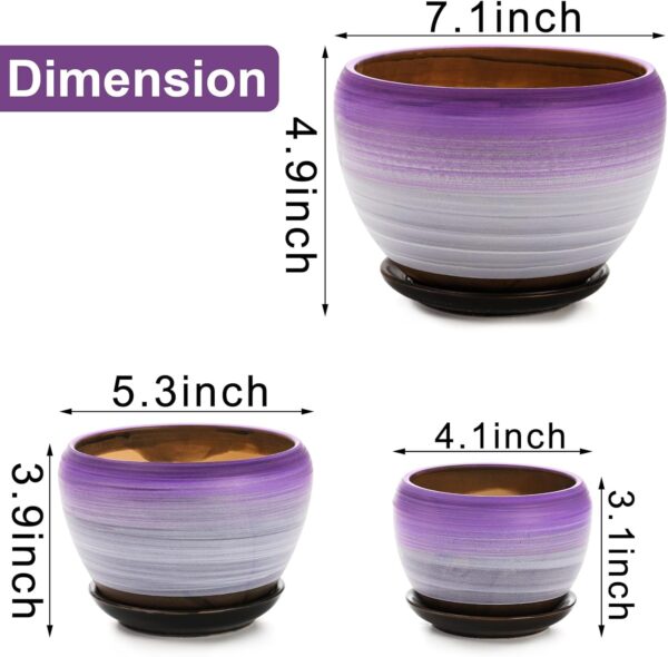 Set of 3 Ceramic Flower Pots, Gardening Plant Pot with Drainage Holes and Saucer, 7/5/4 inch Purple Round Succulent Herbs Cactus Planter for Indoor Outdoor - Image 2