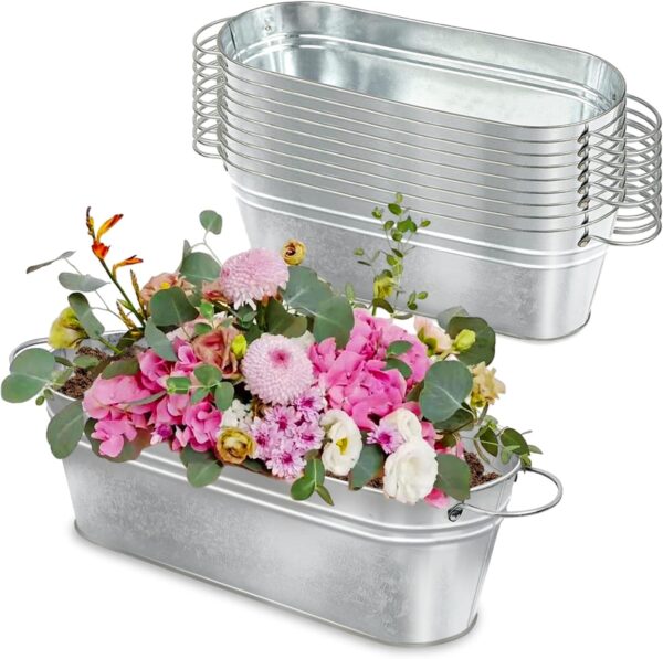 10 Pcs Galvanized Oval Planters, Galvanized Tub with Handle, Flower Buckets Rustic Farmhouse Home Decor, Metal Planters for Outdoors, Party, Wedding