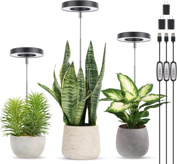 Grow Light, Full Spectrum LED Plant Light for Indoor Plants, Height Adjustable Growing Lamp with Auto On/Off Timer, 4 Dimmable Brightness, Ideal for Small Plants, 3 Packs of Black
