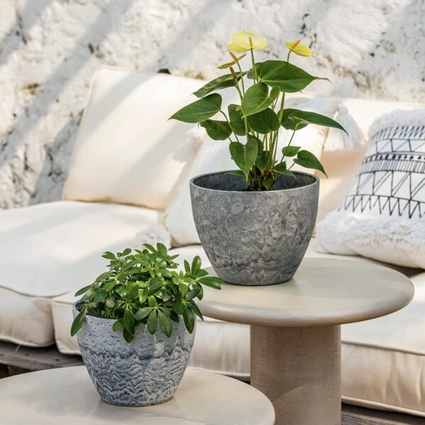 Flower Pots Outdoor Garden Planters, Indoor Plant Pots with Drainage Holes, Plastic, Marble Pattern Grey, Set 2 (8.6 + 7.5 Inch) - Image 2