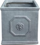 Square Lion Head Concrete Planter, Classic English Style Plant Pot with Drainage Hole and Rubber Plug for Indoor Outdoor Garden Patio Home, 10.2"x10.2"x 10.2" Antique Gray