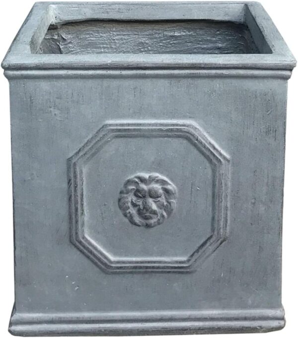 Square Lion Head Concrete Planter, Classic English Style Plant Pot with Drainage Hole and Rubber Plug for Indoor Outdoor Garden Patio Home, 10.2"x10.2"x 10.2" Antique Gray