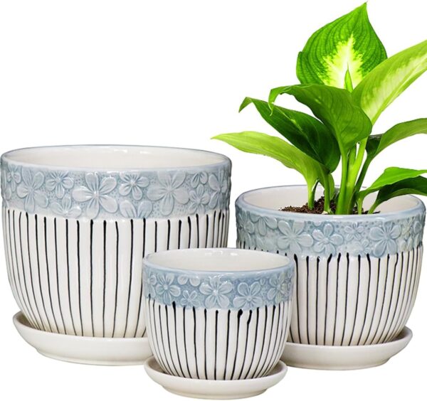 Ceramic Plant Pots Set of 3, 6.75/5.6/4.2 inch Planters with Drainage Holes and Saucer, Flower Pot Outdoor Indoor, Modern Decorative Planters for House Plants Garden Planters Succulent Pots