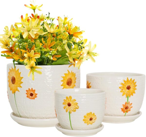 Ceramic Plant Pots Set of 3, 6.75/5.6/4.2 inch Planters with Drainage Holes and Saucer, Flower Pots Outdoor Indoor, Modern Decorative Planters for House Plants Garden Planters Succulent Pots