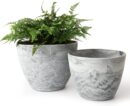 Flower Pots Outdoor Garden Planters, Indoor Plant Pots with Drainage Holes, Plastic, Marble Pattern Grey, Set 2 (8.6 + 7.5 Inch)
