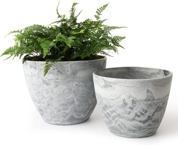 Flower Pots Outdoor Garden Planters, Indoor Plant Pots with Drainage Holes, Plastic, Marble Pattern Grey, Set 2 (8.6 + 7.5 Inch)
