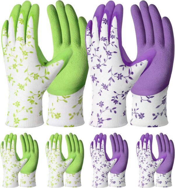 Gardening Gloves for Women Men - 6 Pairs Breathable Garden Gloves with Grip, Printed Latex Coating Outdoor Working Gloves for Lawn Yard, Medium Size Fits Most