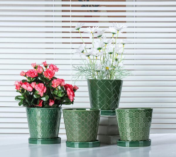 Plant Pots Indoor –5 inch Ceramic Flower Pot with Drainage Hole and Ceramic Tray - Gardening Home Desktop Office Windowsill Decoration Gift, Set of 4-Plants NOT Included (Patina) - Image 2