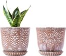 6 Inch Beaded Ceramic Planter Set of 2 with Drainage Hole and Saucer for Plants, Indoor-Outdoor Large Round Succulent Orchid Flower Pot