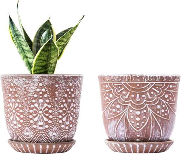 6 Inch Beaded Ceramic Planter Set of 2 with Drainage Hole and Saucer for Plants, Indoor-Outdoor Large Round Succulent Orchid Flower Pot
