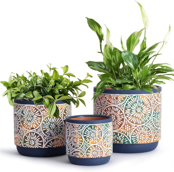 3 Piece Ceramic Plant pots Indoor Pots Set with Drainage Holes, 5.7/4.7/3.5/inch, Modern Decorative pots Outdoor Plants Lilies, Cacti, Succulents, Snakes, and Bamboo (Blue)