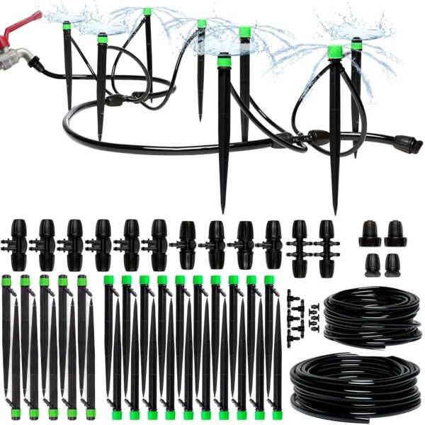Drip Irrigation System - Adjustable Premium Irrigation System for Garden, Raised Beds - Complete Drip Irrigation Kit with Drip Emitters, 5/16" and 1/4" Irrigation Tubing and Barbed Fittings