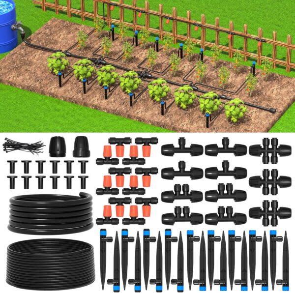 Greenhouse Micro Drip Irrigation Kit Automatic Irrigation System Patio Misting Plant Watering System with 1/4 inch 1/2 inch Irrigation Tubing Hose Adjustable Nozzle Emitters Barbed Fittings